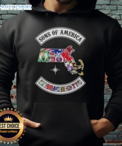 Alt Text: Pretty Son of America Massachusetts map hoodie featuring sports logos, perfect for fans and casual wear.