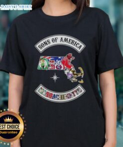 Massachusetts map featuring sports logos on a ladies tee, showcasing the Pretty Son of America design.