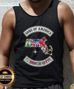 Alt Text: Pretty Son of America Massachusetts map tank top featuring sports logos, perfect for fans and summer wear.