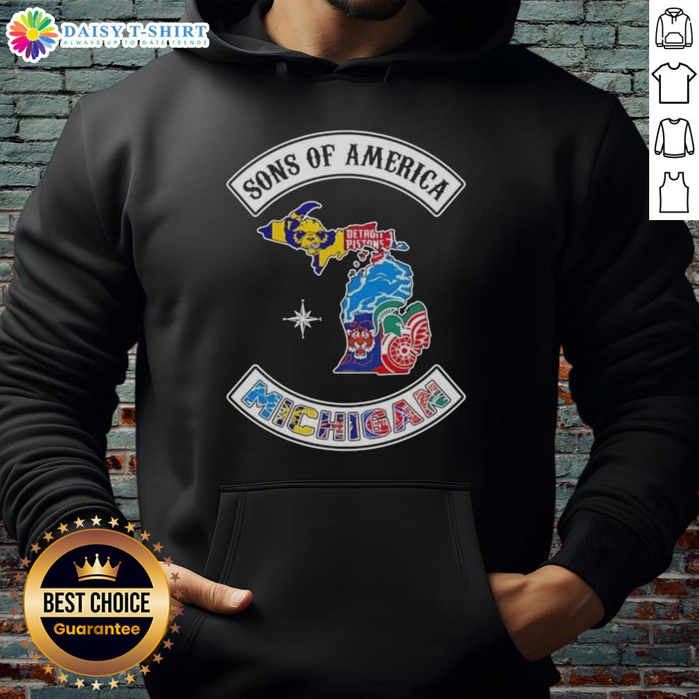 Pretty Son Of America Michigan Map Sports Logos Combine Hoodie Alt Text: Pretty Son of America Michigan Map Sports Logos Combine Hoodie showcasing iconic Michigan sports team logos.