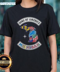 Alt Text: Pretty Son of America Michigan map featuring sports logos on a stylish ladies tee, perfect for sports fans.