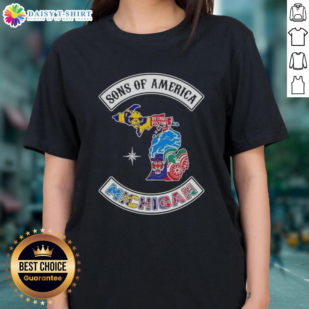 Pretty Son Of America Michigan Map Sports Logos Combine Ladies Tee Alt Text: Pretty Son of America Michigan map featuring sports logos on a stylish ladies tee, perfect for sports fans.