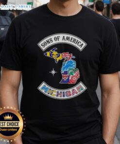 Pretty Son Of America Michigan Map Sports Logos Combine T-Shirt featuring vibrant graphics and state pride design.