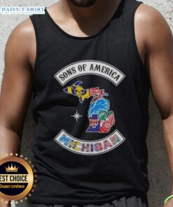 Pretty Son of America Michigan map sports logos combine tank top showcasing vibrant state pride and athletic spirit.