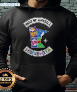 Alt Text: Pretty Son of America Minnesota map sports logos combine hoodie showcasing unique designs and vibrant colors.