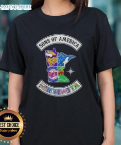Pretty Son Of America Minnesota Map with Sports Logos on a Ladies Tee - Unique and Stylish Apparel for Sports Fans