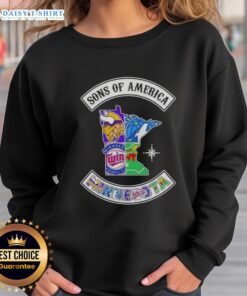Pretty Son Of America sweatshirt featuring Minnesota map and sports logos, perfect for local sports fans.