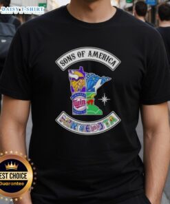 Alt Text: Pretty Son Of America Minnesota Map Sports Logos Combine T-Shirt featuring iconic Minnesota sports team logos and map design.
