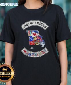 Pretty Son of America Missouri map with sports logos on a ladies tee, showcasing local pride and team spirit.