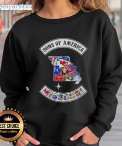 Alt Text: Pretty Son of America Missouri Map Sports Logos Combine Sweatshirt featuring vibrant state-themed designs.