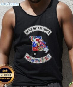 Alt Text: Pretty Son of America Missouri map tank top featuring sports logos for stylish fans of Missouri sports.