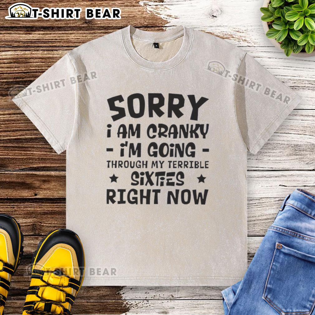 Pretty Sorry I Am Cranky I'm Going Through My Terrible Sixties Right Now Washed T-Shirt Washed t-shirt with the phrase 'Pretty Sorry I Am Cranky, I'm Going Through My Terrible Sixties' for a humorous touch.