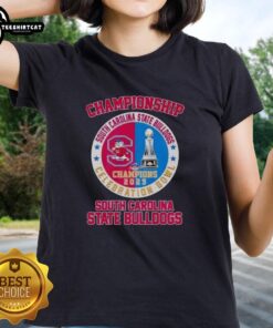 Alt Text: Ladies tee featuring the South Carolina State Bulldogs Celebration Bowl Champions 2025 logo in vibrant colors.