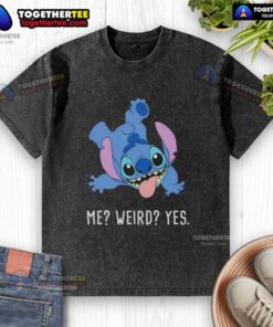 Cute cartoon design on a washed t-shirt featuring the phrase 'Pretty Stitch Me Weird Yes' for unique fashion lovers.