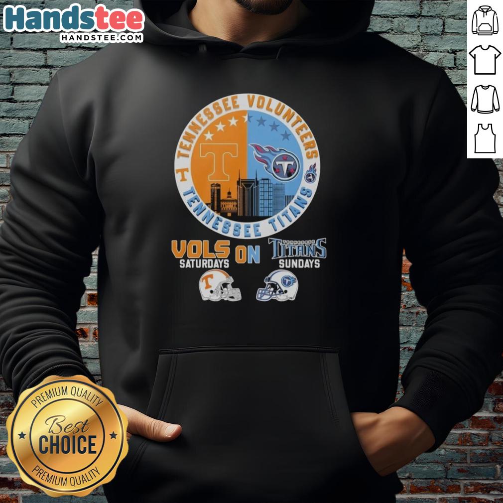 pretty-tennessee-volunteers-on-saturdays-and-tennessee-titans-on-sundays-helmet-logo-mashup-hoodie Stylish hoodie featuring a mashup of Tennessee Volunteers and Titans helmet logos for game day fans.