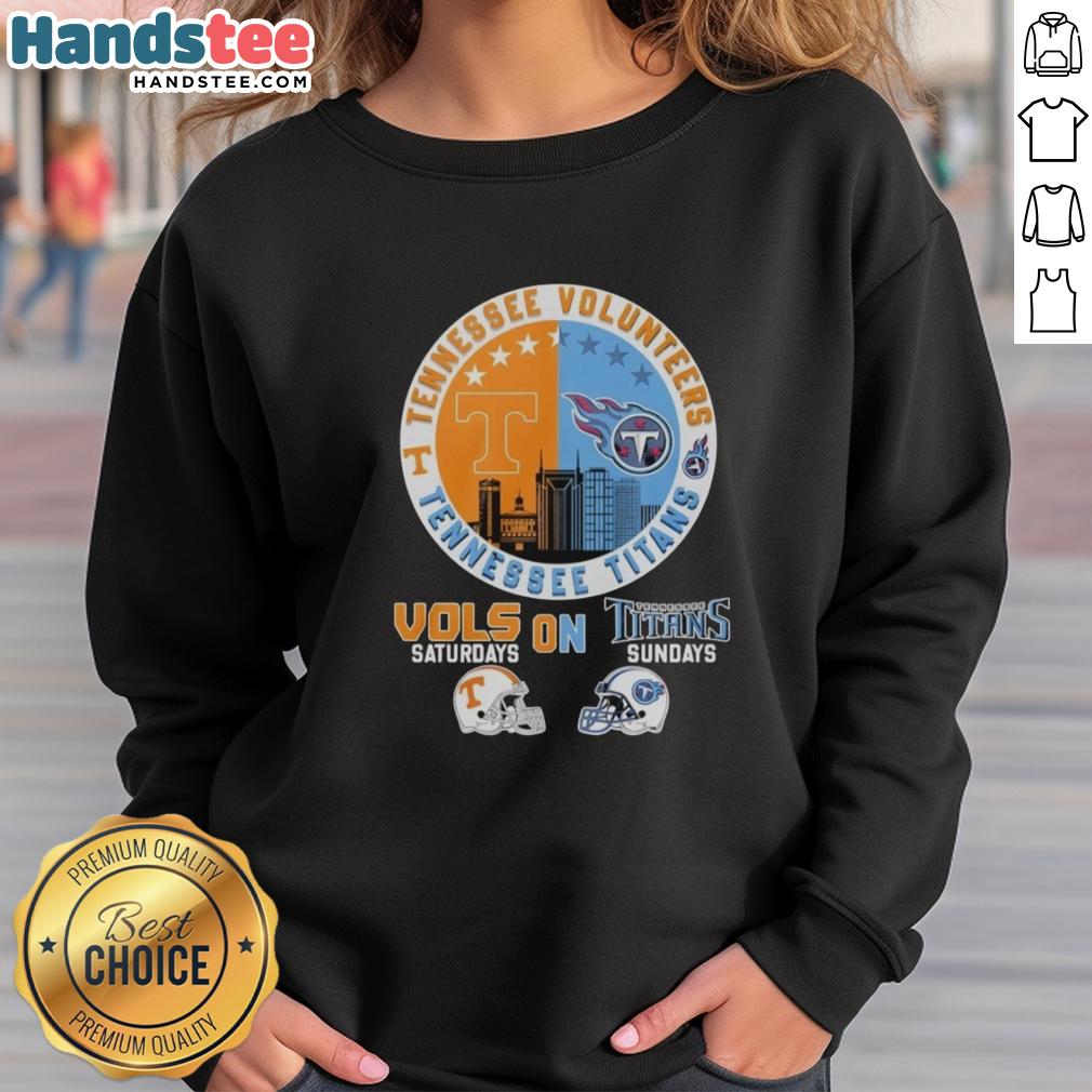 pretty-tennessee-volunteers-on-saturdays-and-tennessee-titans-on-sundays-helmet-logo-mashup-sweatshirt Stylish sweatshirt featuring a mashup of Tennessee Volunteers and Titans helmet logos for game day wear.
