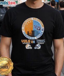 Pretty Tennessee Volunteers and Titans helmet logo mashup T-shirt showcasing team spirit for Saturdays and Sundays.