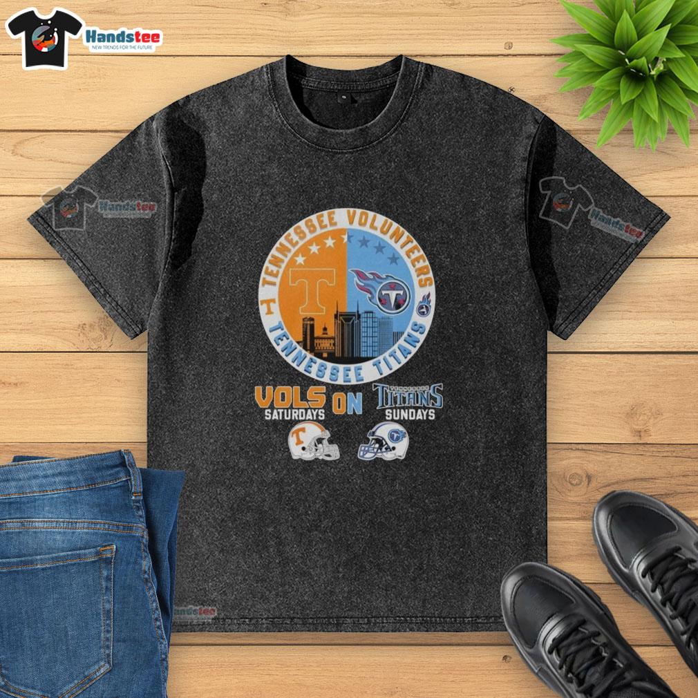 pretty-tennessee-volunteers-on-saturdays-and-tennessee-titans-on-sundays-helmet-logo-mashup-washed-t-shirt Alt Text: Washed t-shirt featuring a mashup of Tennessee Volunteers and Titans helmet logos for fans on game days.