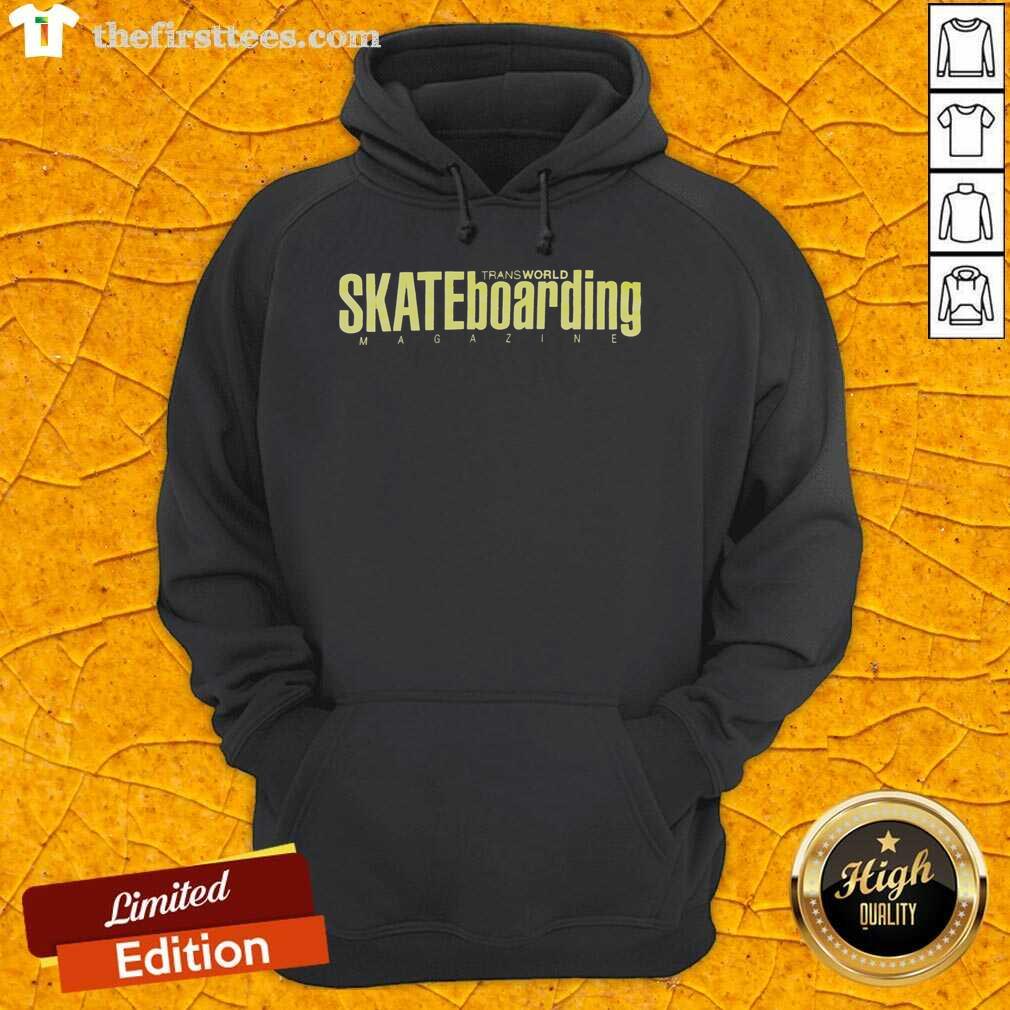 pretty-transworld-skateboarding-magazine-hoodie Stylish Pretty Transworld Skateboarding Magazine hoodie displayed on a mannequin, perfect for skateboarding enthusiasts.