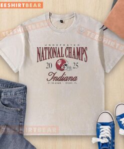 Alt Text: Indiana Hoosiers 2025 National Champs helmet design on a washed t-shirt, showcasing team pride and style.