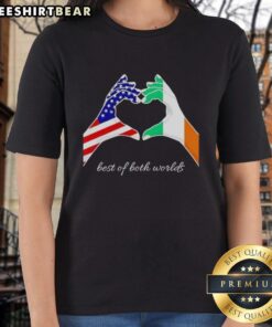 Pretty USA and Ireland flag hand design on a ladies tee, showcasing the best of both worlds in vibrant colors.