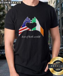 Alt Text: Pretty USA and Ireland flag hand design on a t-shirt celebrating the best of both worlds with vibrant colors.