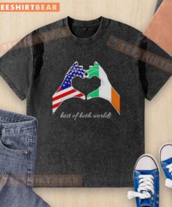 Alt Text: Pretty USA and Ireland flag hand design on a washed t-shirt, showcasing the best of both worlds in fashion.