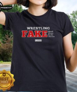 Stylish ladies' tee featuring Pretty Wrestling design with fake blood, kicks, and throws, showcasing Lapseo logo.