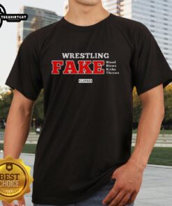 Pretty Wrestling T-Shirt featuring Lapseo Logo with vibrant fake blood graphics and dynamic wrestling action.
