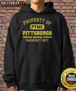 Alt Text: Vintage hoodie featuring 'Top Property of PTMC Pittsburgh Trauma Medical Center Emergency Dept' text design.