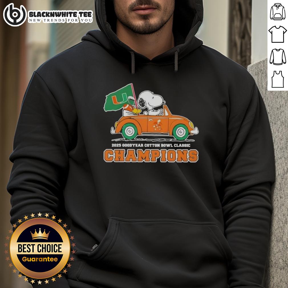 Top 2025 Goodyear Cotton Bowl Classic Champions Snoopy Driving Car Miami Hurricanes Football Hoodie Alt Text: Snoopy driving a car in a Miami Hurricanes football hoodie celebrating the 2025 Goodyear Cotton Bowl Classic champions.