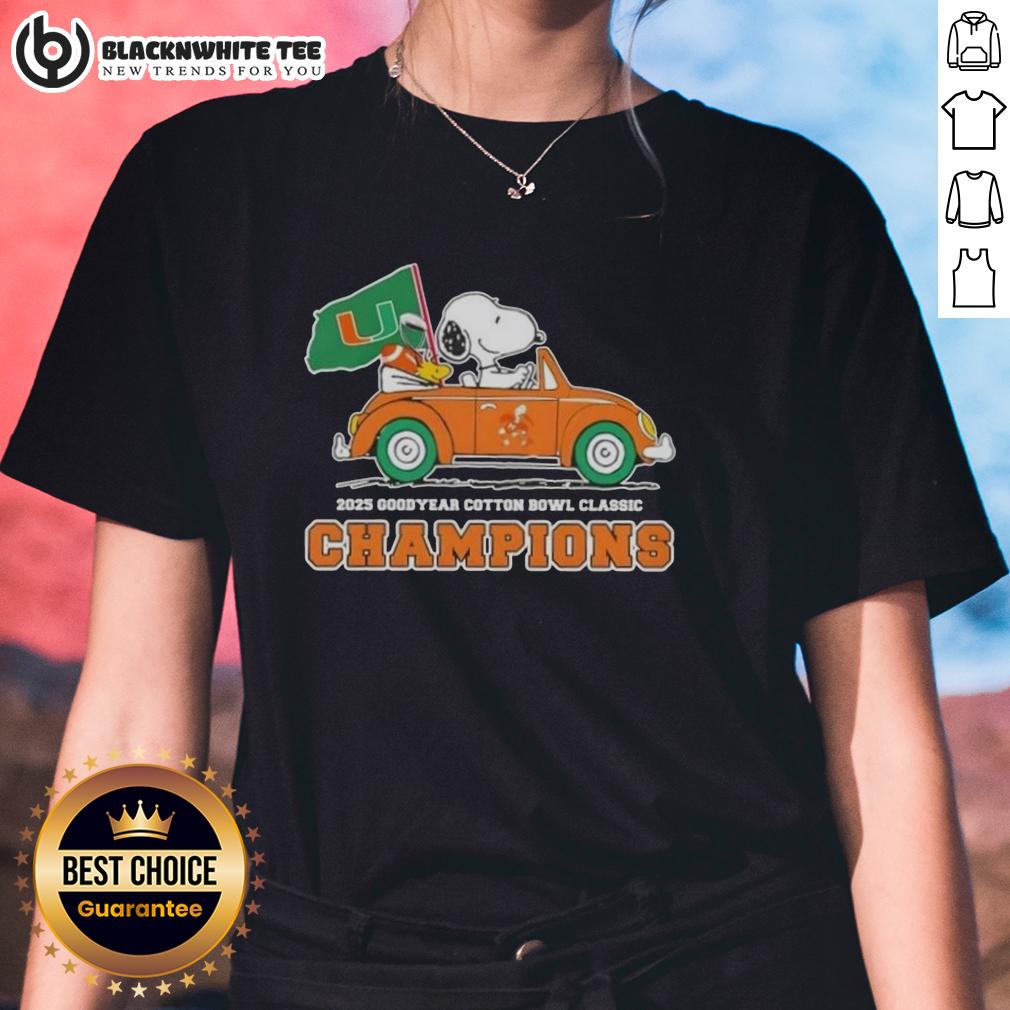 Top 2025 Goodyear Cotton Bowl Classic Champions Snoopy Driving Car Miami Hurricanes Football Ladies-Tee Alt Text: Snoopy driving a car celebrating the 2025 Goodyear Cotton Bowl Classic champions Miami Hurricanes football ladies tee.