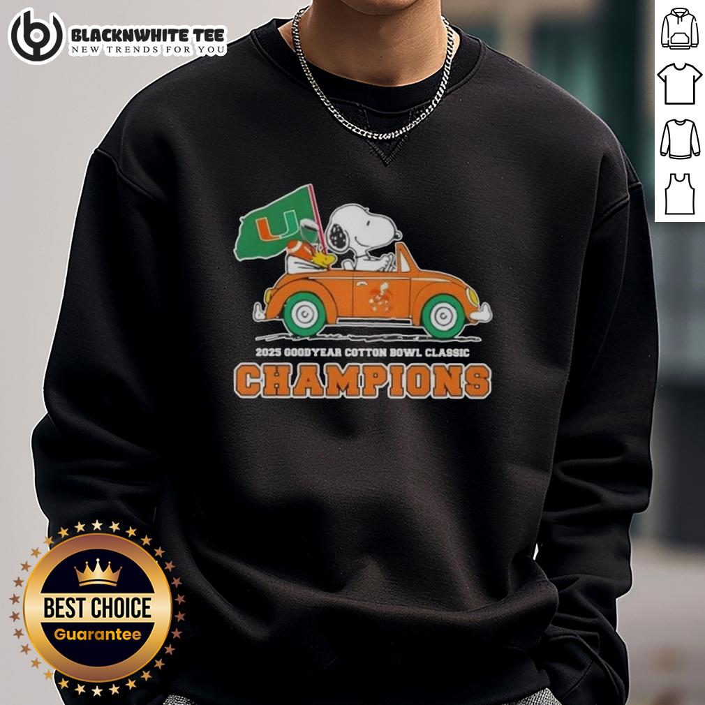 Top 2025 Goodyear Cotton Bowl Classic Champions Snoopy Driving Car Miami Hurricanes Football Sweatshirt Alt Text: Snoopy driving a car in Miami Hurricanes football sweatshirt celebrating Top 2025 Goodyear Cotton Bowl Classic Champions.