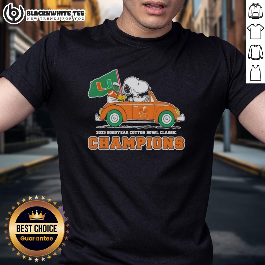Top 2025 Goodyear Cotton Bowl Classic Champions Snoopy Driving Car Miami Hurricanes Football T-Shirt Top 2025 Goodyear Cotton Bowl Classic Champions T-shirt featuring Snoopy driving a car with Miami Hurricanes football theme.