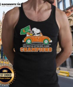 Alt Text: Snoopy driving a car in a Miami Hurricanes football tank top celebrating the Top 2025 Goodyear Cotton Bowl Classic champions.