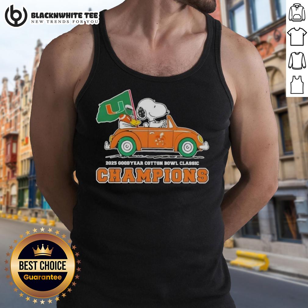 Top 2025 Goodyear Cotton Bowl Classic Champions Snoopy Driving Car Miami Hurricanes Football Tank Top Alt Text: Snoopy driving a car in a Miami Hurricanes football tank top celebrating the Top 2025 Goodyear Cotton Bowl Classic champions.