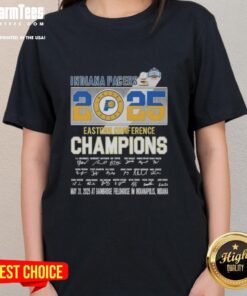 Alt Text: T.J. McConnell and Indiana Pacers players celebrate as Eastern Conference Champions, featured on a ladies' tee for 2025.