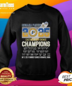 Alt Text: T.J. McConnell and Indiana Pacers players celebrate in their 'Top 2025 Indiana Pacers Eastern Conference Champions' sweatshirt.
