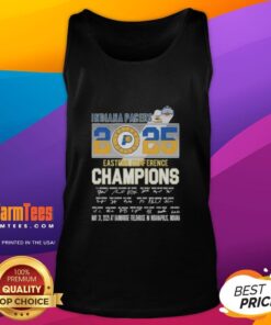 T.J. McConnell and Indiana Pacers players celebrate wearing 'Top 2025 Indiana Pacers Eastern Conference Champions' tank tops.