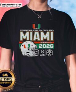 Alt Text: Miami Hurricanes ladies tee featuring the Top 2026 Vrbo Fiesta Bowl CFP semifinal helmet design.