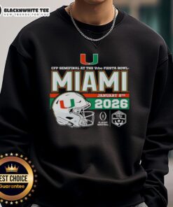 2026 Vrbo Fiesta Bowl Miami Hurricanes CFP Semifinal helmet sweatshirt, showcasing team colors and logo.