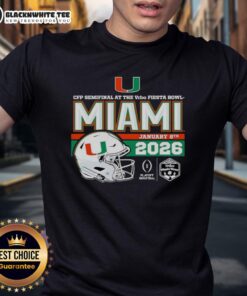 Alt Text: Top 2026 Vrbo Fiesta Bowl Miami Hurricanes CFP Semifinal helmet t-shirt featuring team colors and logo design.