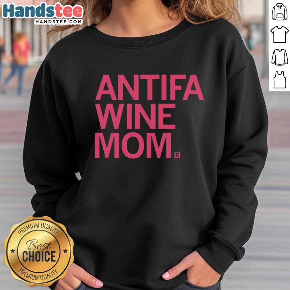 top-antifa-wine-mom-sweatshirt Alt Text: Cozy Top Antifa Wine Mom Sweatshirt in black, featuring bold graphic design, perfect for casual outings and activism.