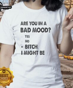 Top Are You In A Bad Mood Bitch I Might Be Ladies Tee featuring bold text design on a stylish women's t-shirt.