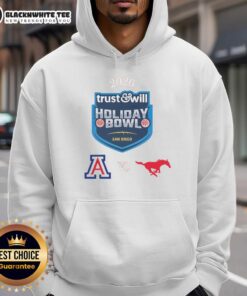 Top Arizona Wildcats vs SMU Mustangs 2026 Trust and Will Holiday Bowl hoodie featuring team logos and festive design.