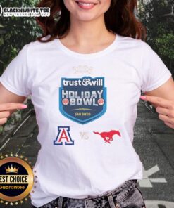 Arizona Wildcats vs SMU Mustangs 2026 Trust and Will Holiday Bowl ladies tee featuring team logos and festive design.