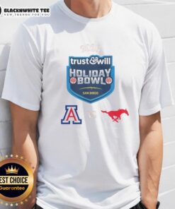 Top Arizona Wildcats vs SMU Mustangs 2026 Trust and Will Holiday Bowl T-Shirt featuring team logos and festive design.