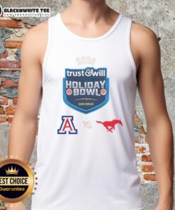 Arizona Wildcats vs SMU Mustangs 2026 Trust and Will Holiday Bowl tank top featuring vibrant team logos and festive design.