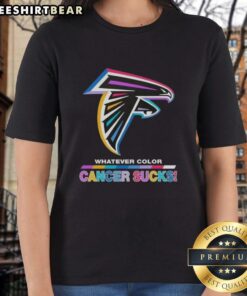 Alt Text: Top Atlanta Falcons Football ladies tee featuring colorful 'Cancer Sucks' logo design, perfect for fans and supporters.