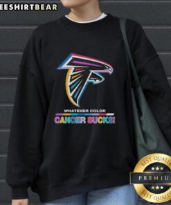 Alt Text: Cozy sweatshirt featuring the Atlanta Falcons logo in vibrant colors, promoting cancer awareness with Cancer Sucks message.